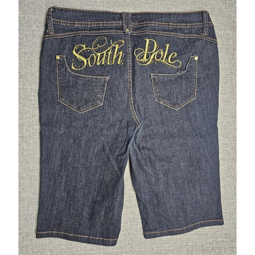 Southpole Denim Bermuda Shorts Womens 16 Dark Wash Stretch Rhinestone Script